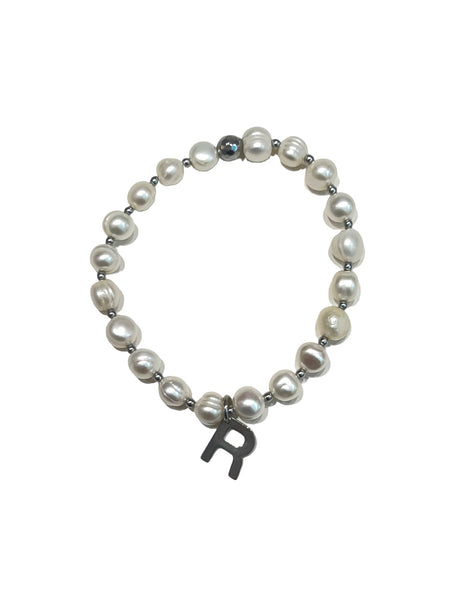 E-HC DESIGNS- Letter Initial Pearl-Silver Elastic Bracelet