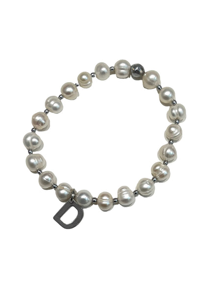 E-HC DESIGNS- Letter Initial Pearl-Silver Elastic Bracelet